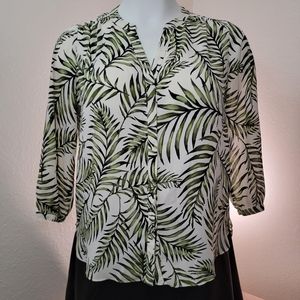 Size L NYJD tropical palm blouse resort wear office white and green casual